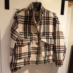 Stylish super cute Plaid Utility Jacket - Cream, Black, apricot light olive